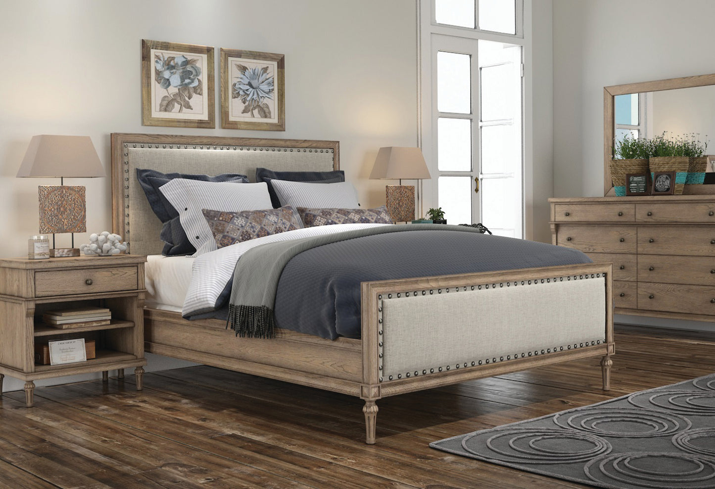 Cassandra Queen European Oak & Upholstered Bed