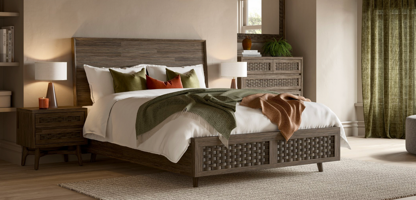 Jensen Bed Dark Acacia Bed and Natural Rattan