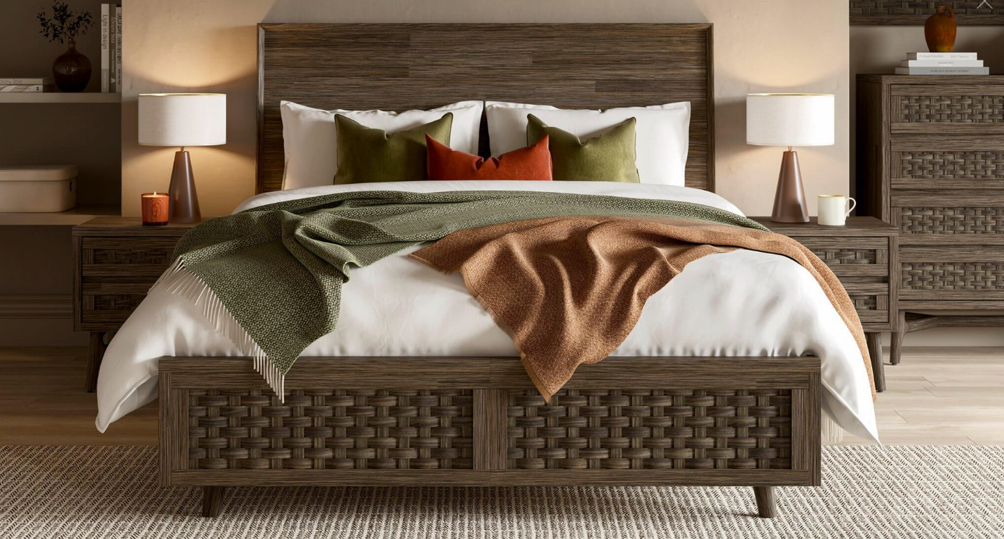 Jensen Bed Dark Acacia Bed and Natural Rattan