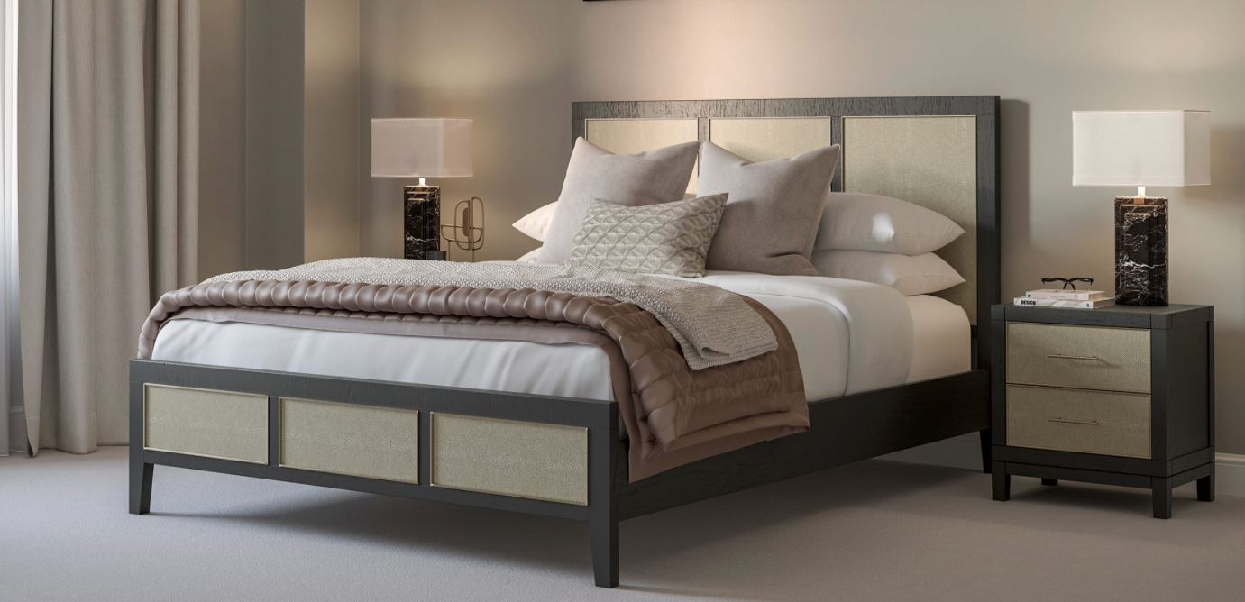 Rae Bed Natural Wood Shagreen Resin Finish and Rattan