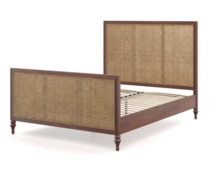 Vintage Rattan Bed Dark Stain Natural Wood