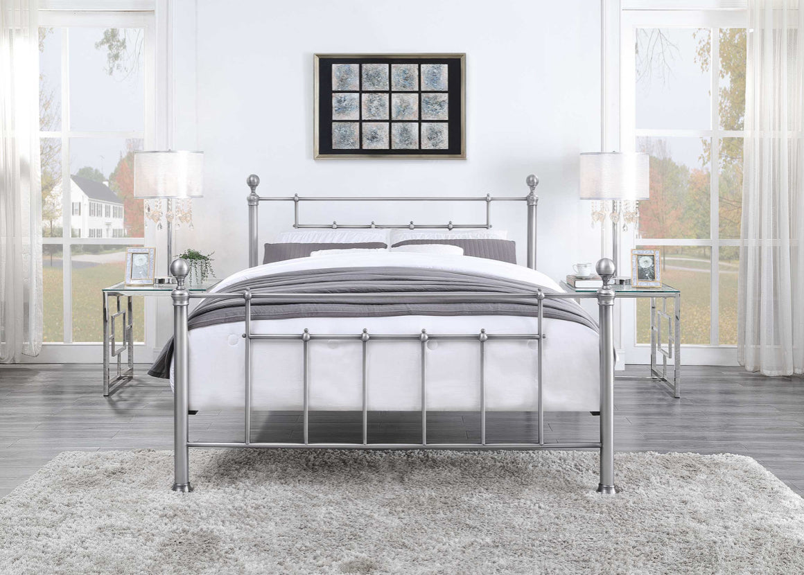 CHADSTONE King Bed Pewter Plated with Round Metal Finials