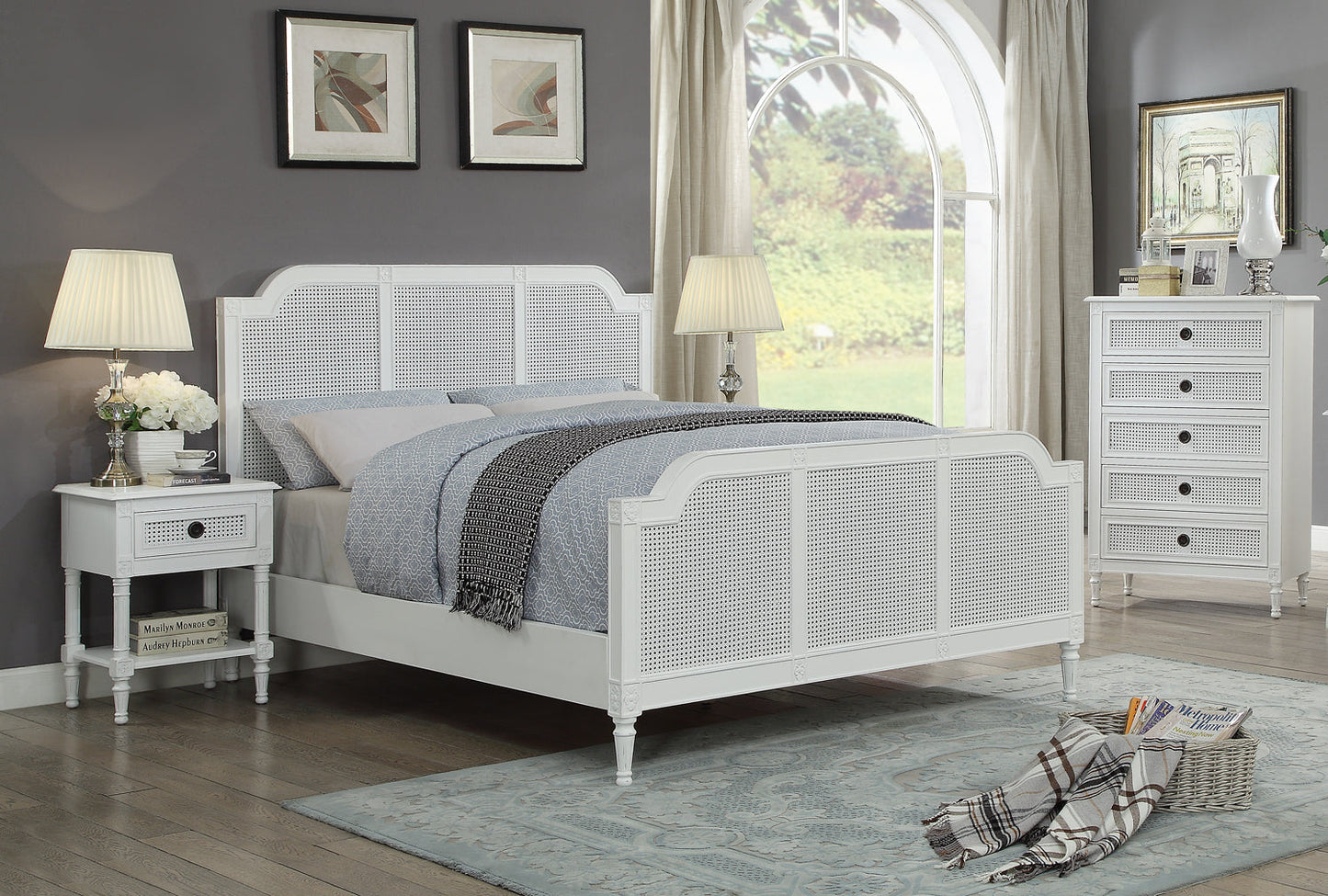 PALOMA Queen Bed French Style White "Distressed" Finish with Rattan