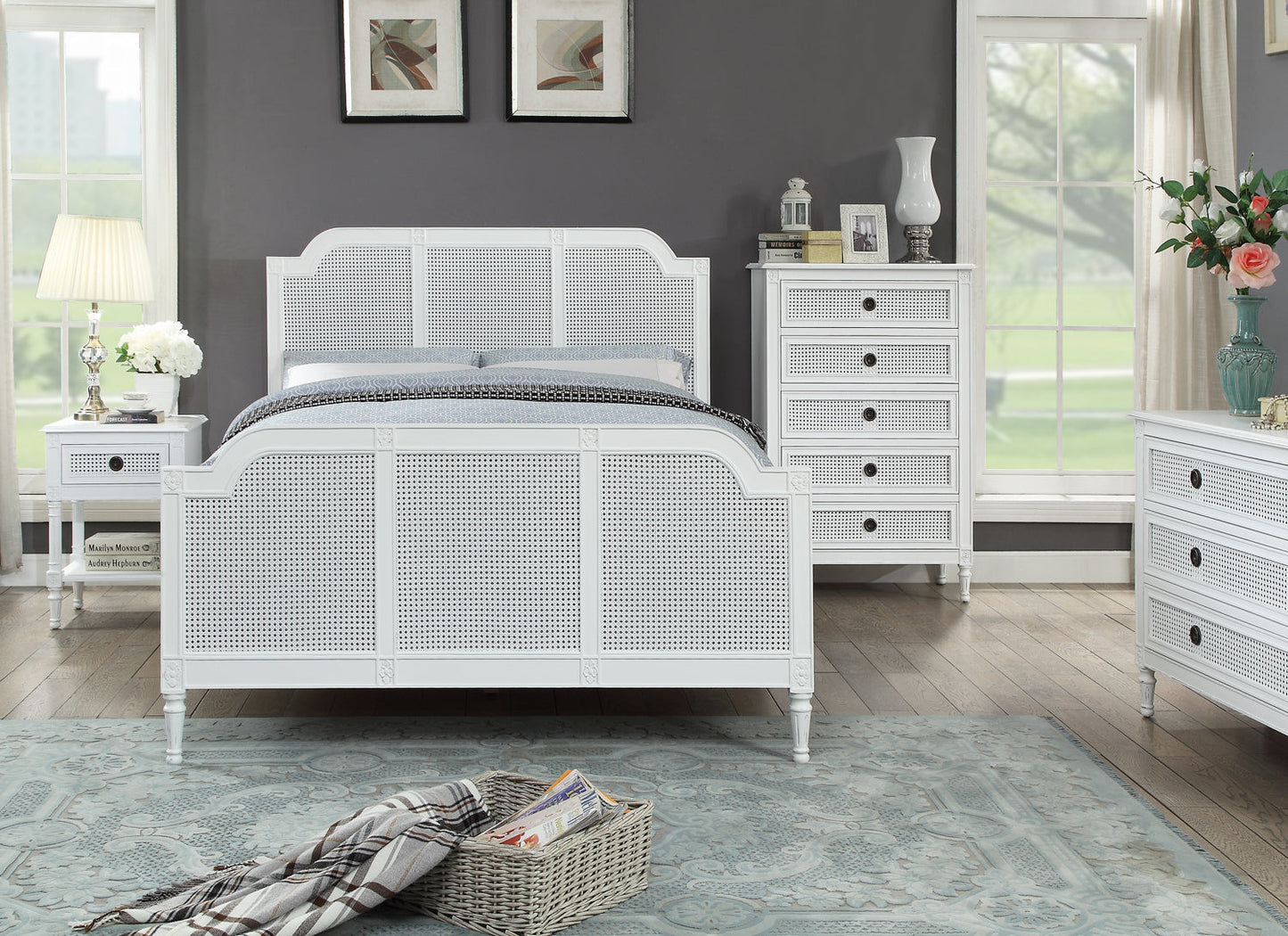 PALOMA Queen Bed French Style White "Distressed" Finish with Rattan