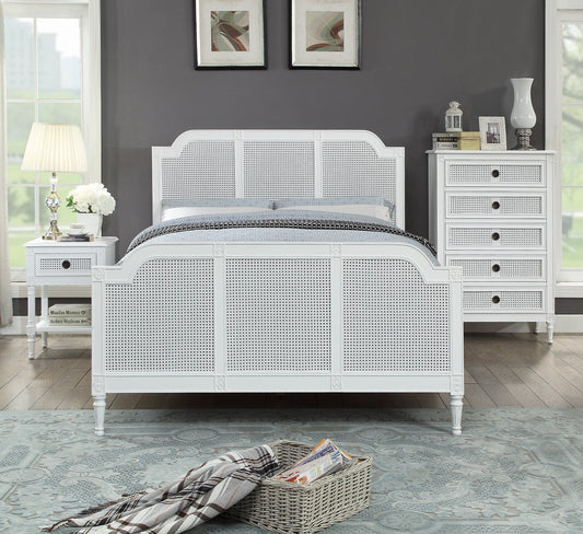 PALOMA King Bed French Style White "Distressed" Finish with Rattan