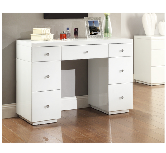 Rio White Glass Dressing Table 7 Drawers Metal Crystal Insert Handles