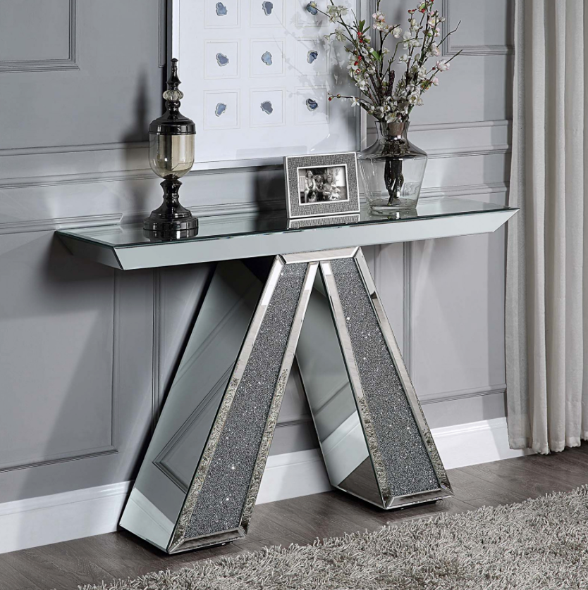 Evita Mirror Console Hallway Table 2 legs Crushed Diamond Effect