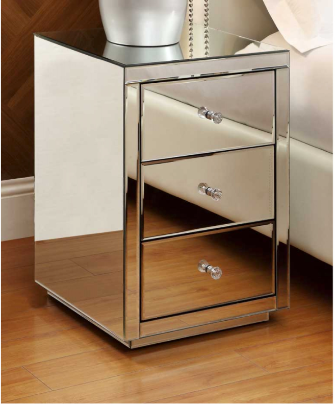 VEGAS Mirrored Bedside Table 3 Drawer with Crystal Effect Handle