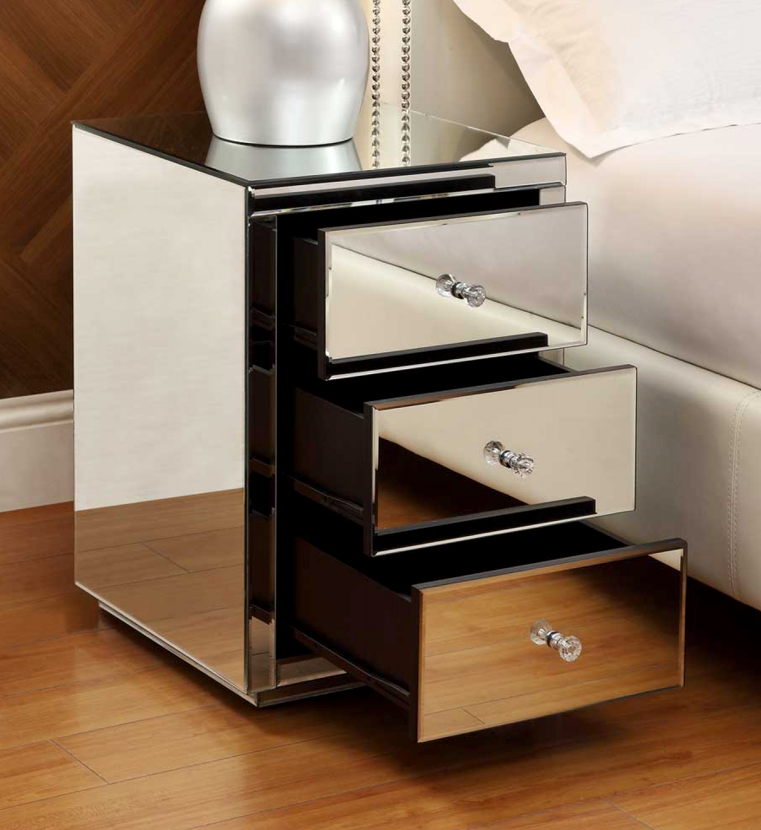 VEGAS Mirrored Bedside Table 3 Drawer with Crystal Effect Handle