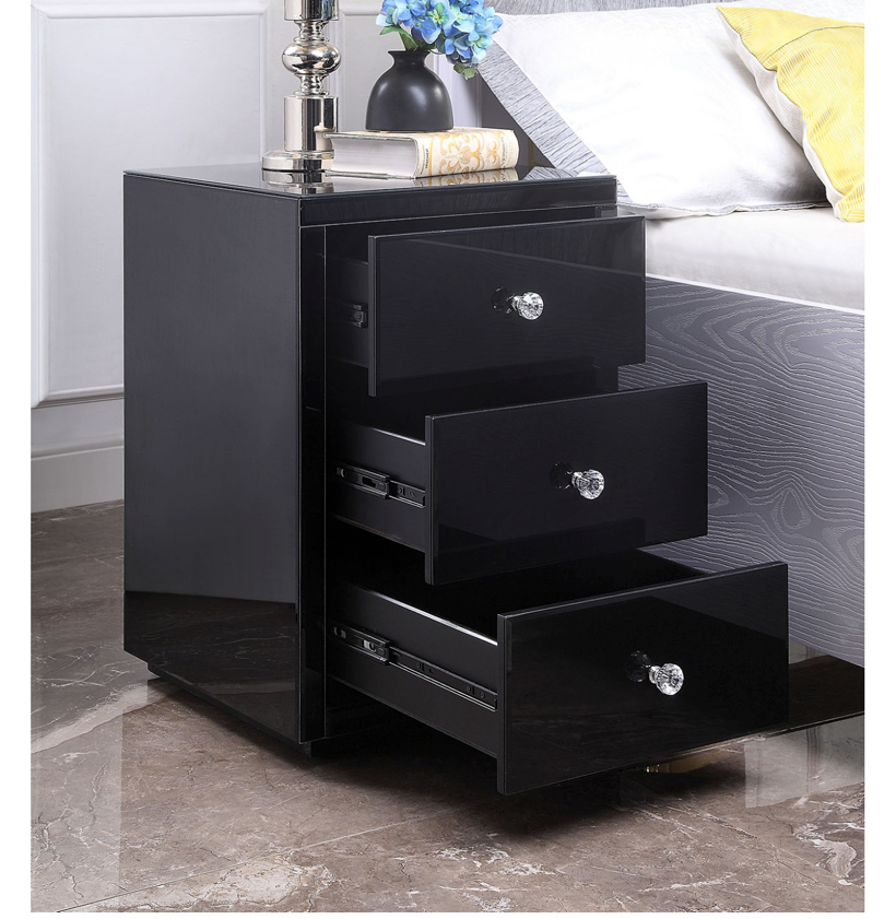 VEGAS Black Glass Bedside Table 3 Drawer with Crystal Effect Handle