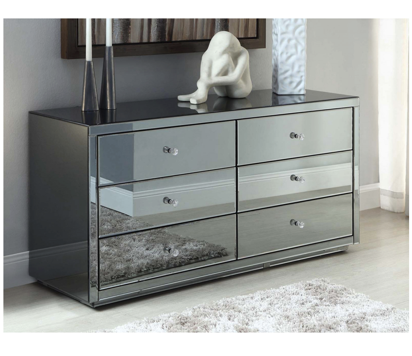 VEGAS Smoke Mirror Dressing Table Low Chest 6 Drawers