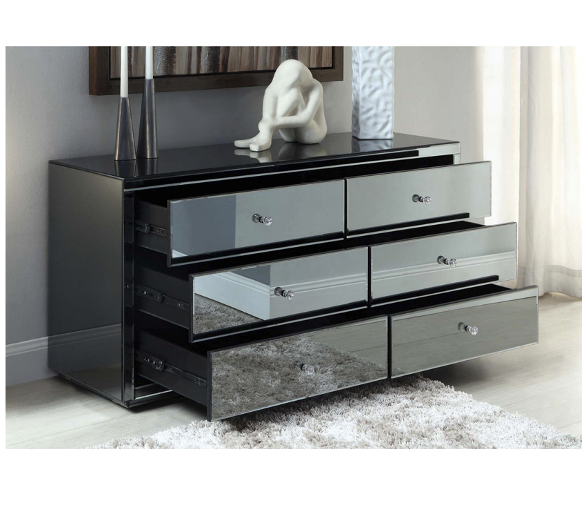 VEGAS Smoke Mirror Dressing Table Low Chest 6 Drawers