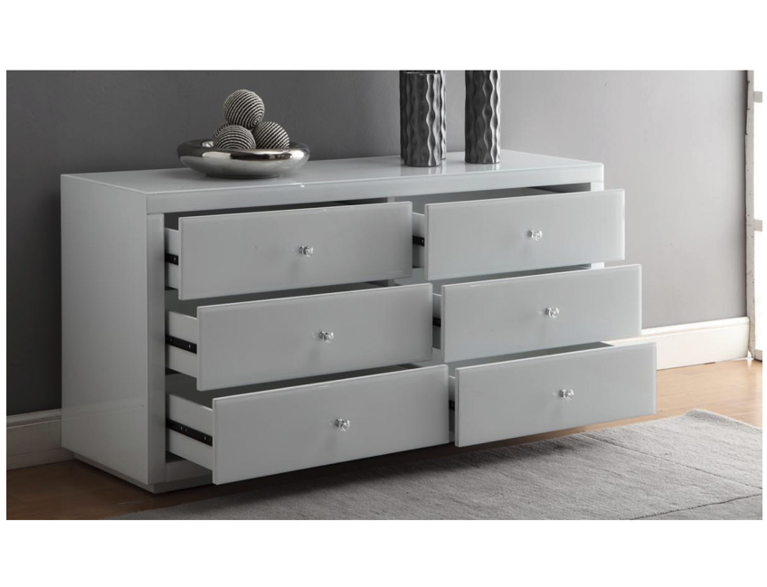 VEGAS White Glass Dressing Table Low Chest 6 Drawers