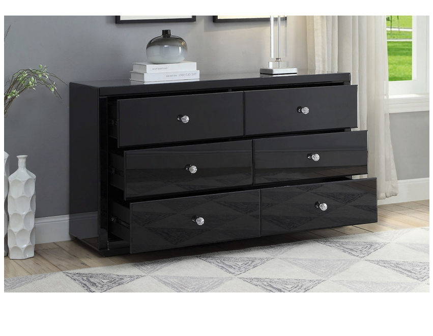 VEGAS Black Glass Dressing Table Low Chest 6 Drawers