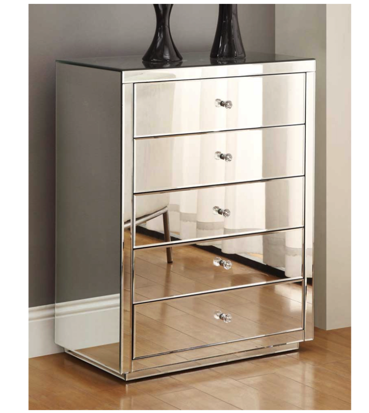 VEGAS Mirror Tallboy 5 Drawers with Crystal Effect Handle