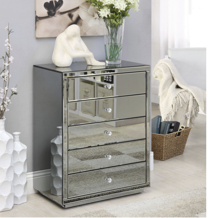 VEGAS Smoke Mirror Tallboy 5 Drawers with Crystal Effect Handle