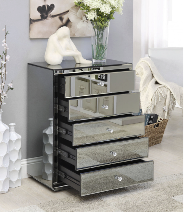 VEGAS Smoke Mirror Tallboy 5 Drawers with Crystal Effect Handle