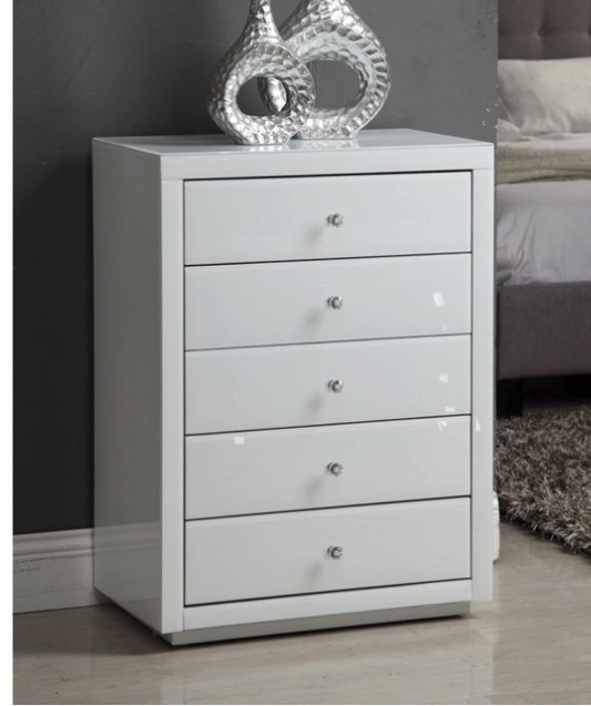 VEGAS White Glass Tallboy 5 Drawers with Crystal Effect Handle