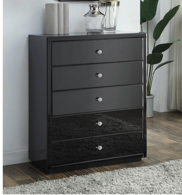 VEGAS Black Glass Tallboy 5 Drawers with Crystal Effect Handle