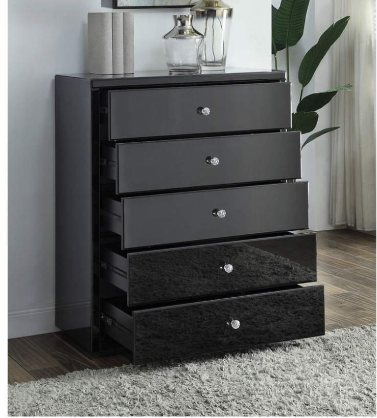 VEGAS Black Glass Tallboy 5 Drawers with Crystal Effect Handle