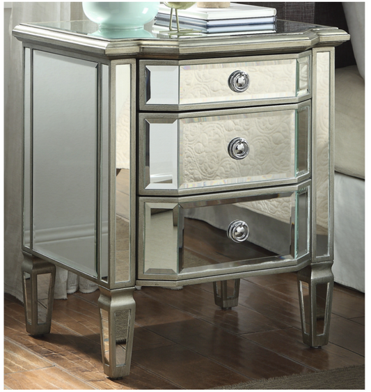 Leonore Mirrored Bedside Table 3 Drawer with Metal Handle Soft Close Drawers