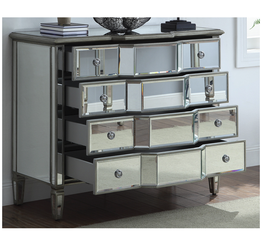 Leonore Mirrored Dresser Chest 4 Soft Close Drawers Metal Handles