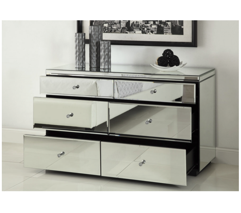 Rio Crystal Mirrored Dressing Table Low Chest 6 Drawers Metal Crystal Insert Handles