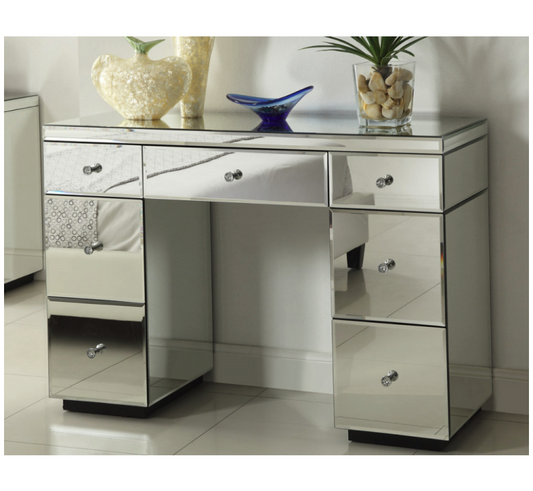 Rio Crystal Mirrored Dressing Table 7 Drawers Metal Crystal Insert Handles