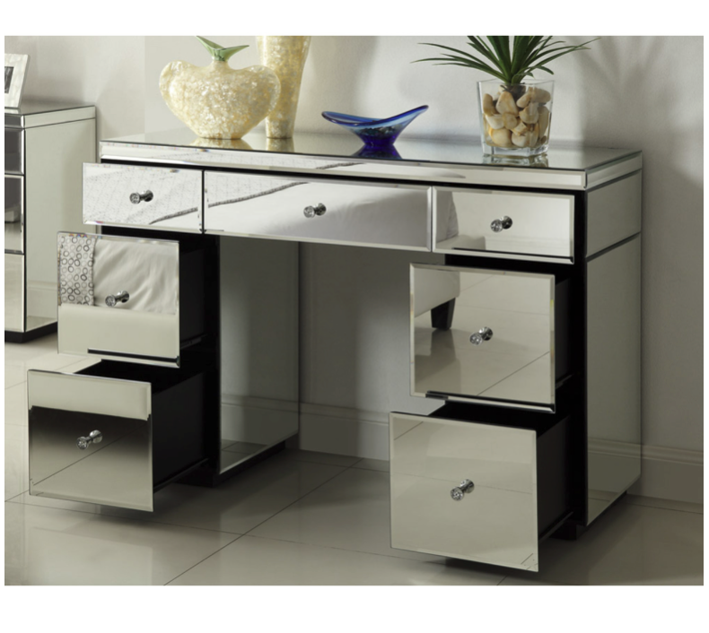 Rio Crystal Mirrored Dressing Table 7 Drawers Metal Crystal Insert Handles