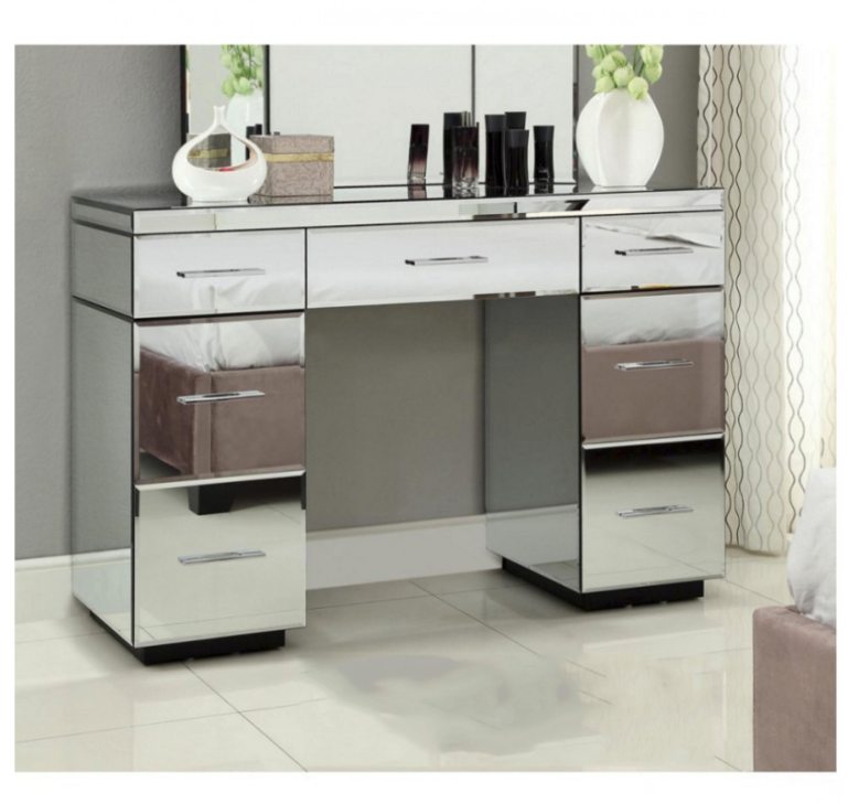 Rio Mirrored Dressing Table 7 Drawers Metal Bar Handles