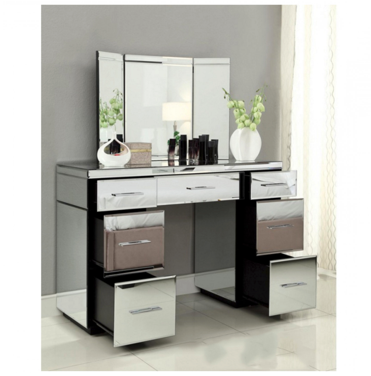 Rio Mirrored Dressing Table 7 Drawers Metal Bar Handles