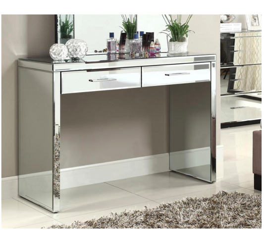 Rio Mirrored Dressing Table Console 2 Drawers Metal Bar Handles