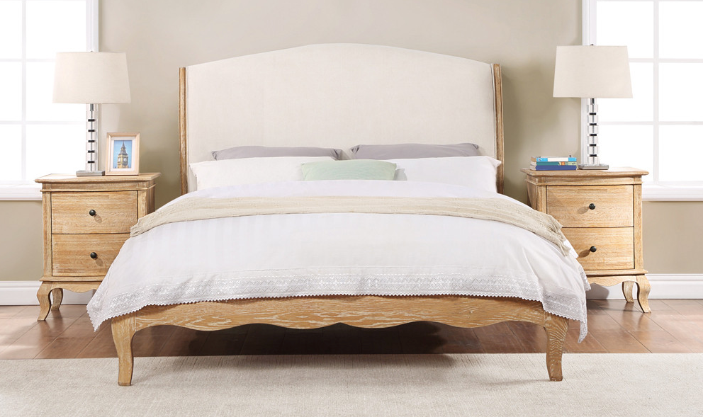 MILLES QUEEN Bed Oak & Upholstered Weathered Provincial Finish