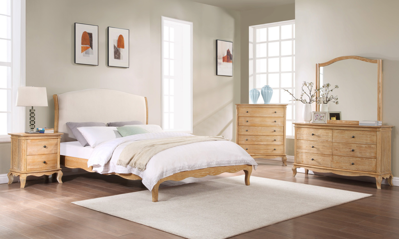 MILLES King Bed Oak & Upholstered Weathered Provincial Finish