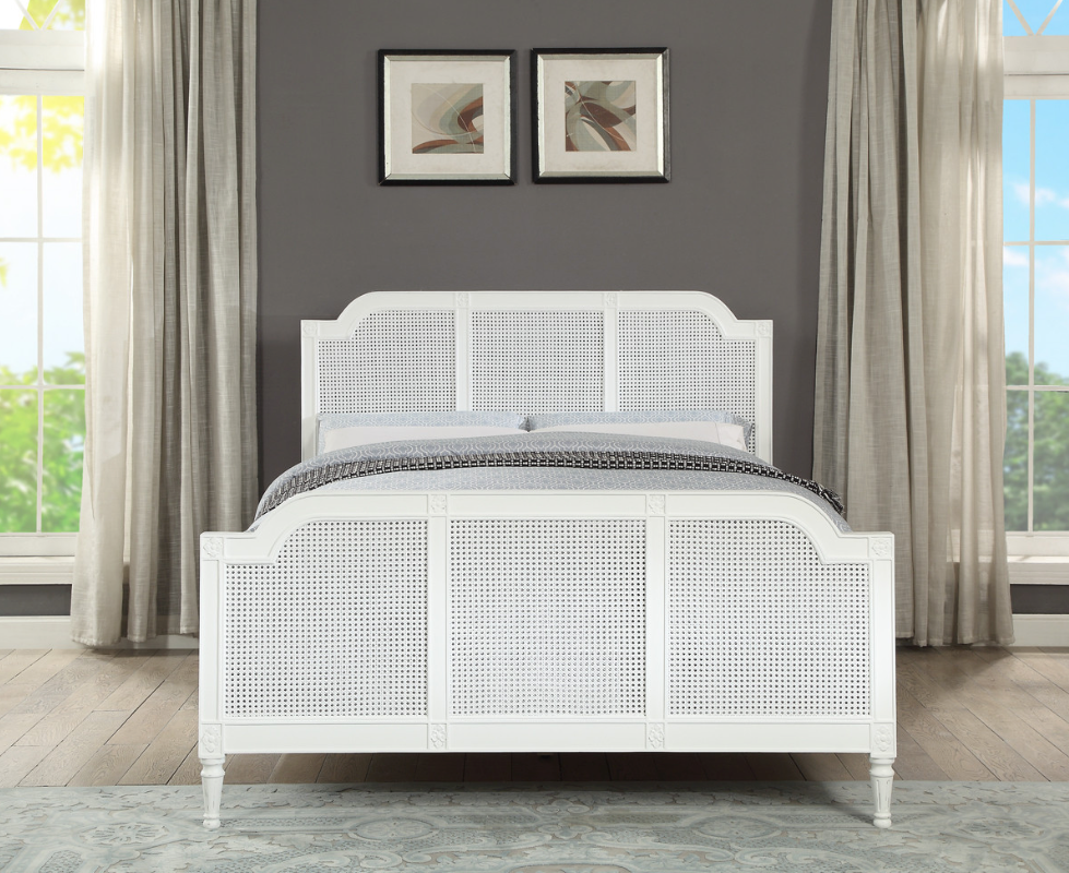 PALOMA Queen Bed French Style White "Distressed" Finish with Rattan