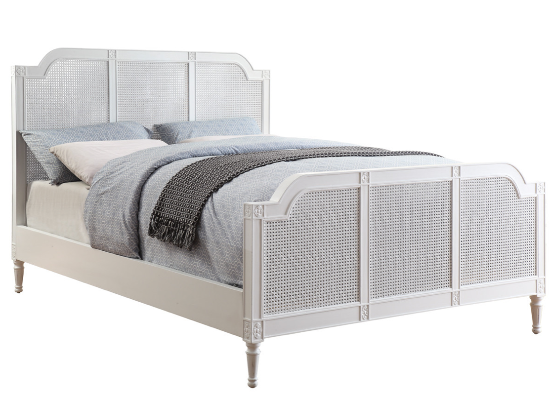 PALOMA King Bed French Style White "Distressed" Finish with Rattan