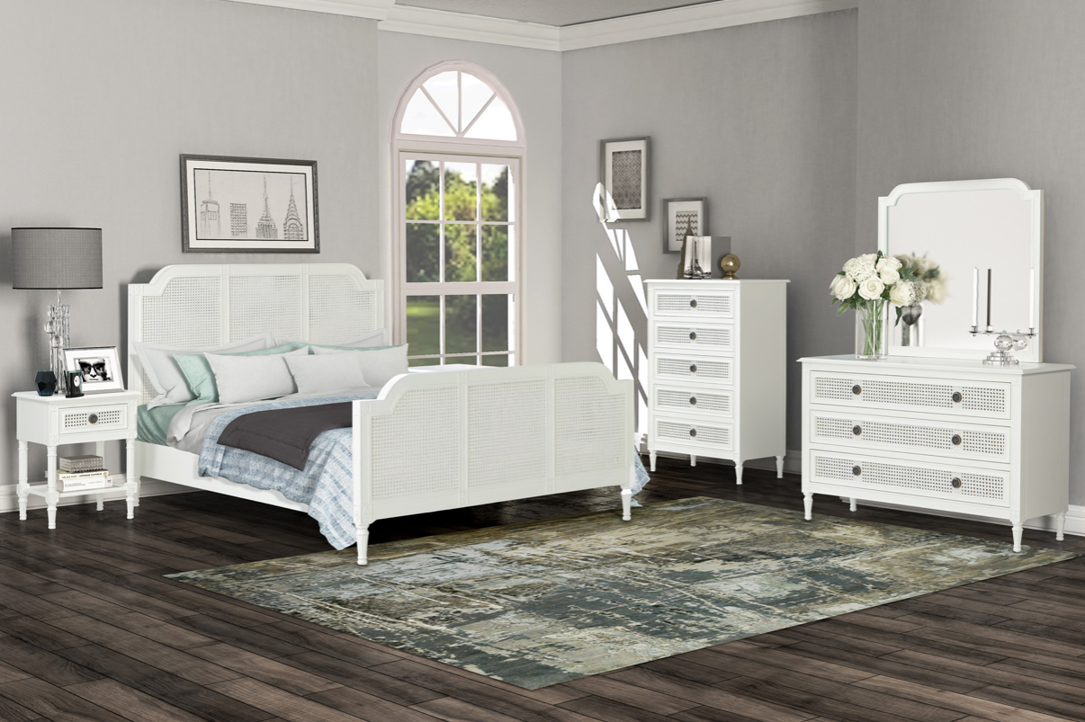 PALOMA Queen Bed French Style White "Distressed" Finish with Rattan