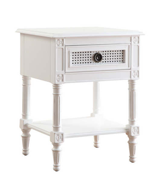 PALOMA Bedside Table French style White "Distressed" Finish with Rattan