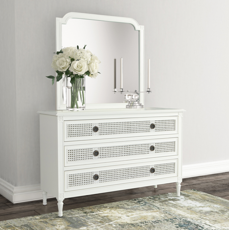 PALOMA Dressing Table French Style White "Distressed" Finish with Rattan