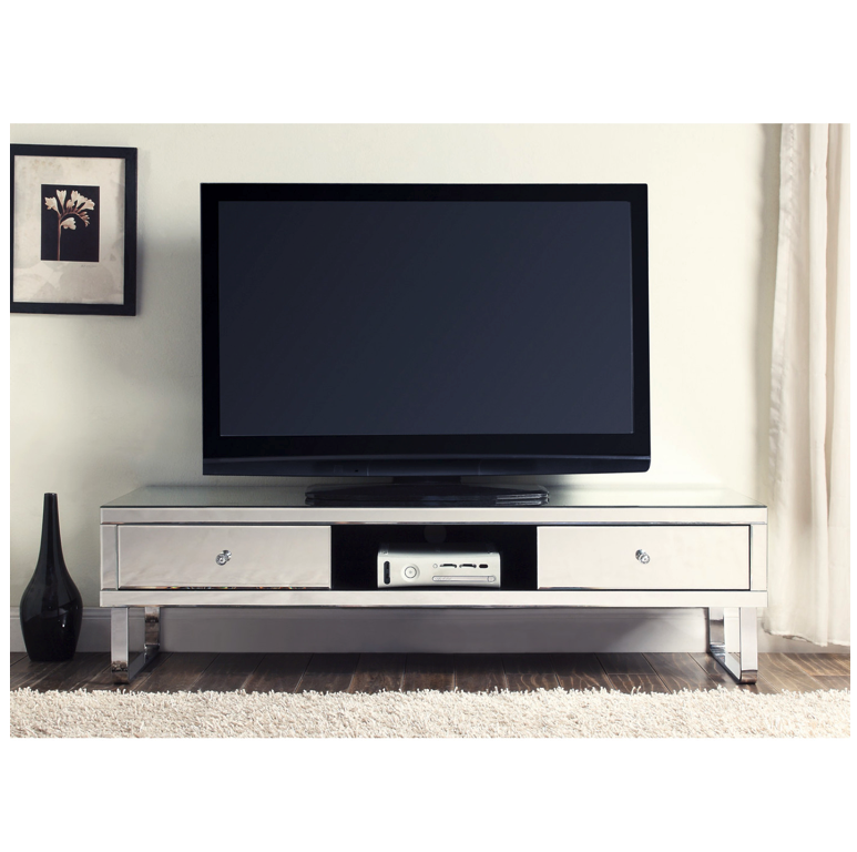 Mirrored Media TV Stand Cabinet 2 Drawers Chrome Plated Legs