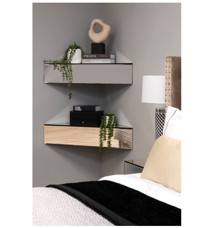 Floating Corner Mirrored Shelf with Drawer