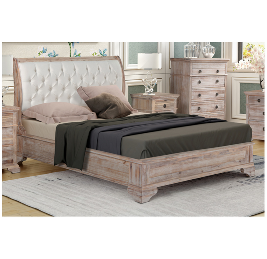 IBIZA King Bed Low Foot end with Tufted Upholstered Headboard Acacia Wood