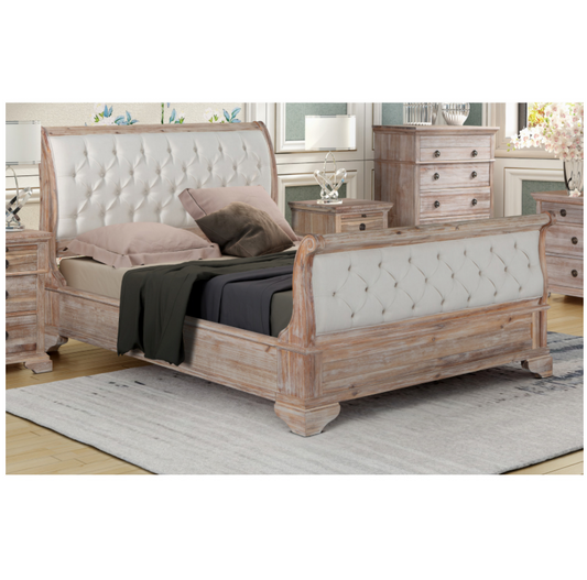 IBIZA Queen Sleigh Bed Tufted Upholstered Headboard Footboard Acacia Wood - A