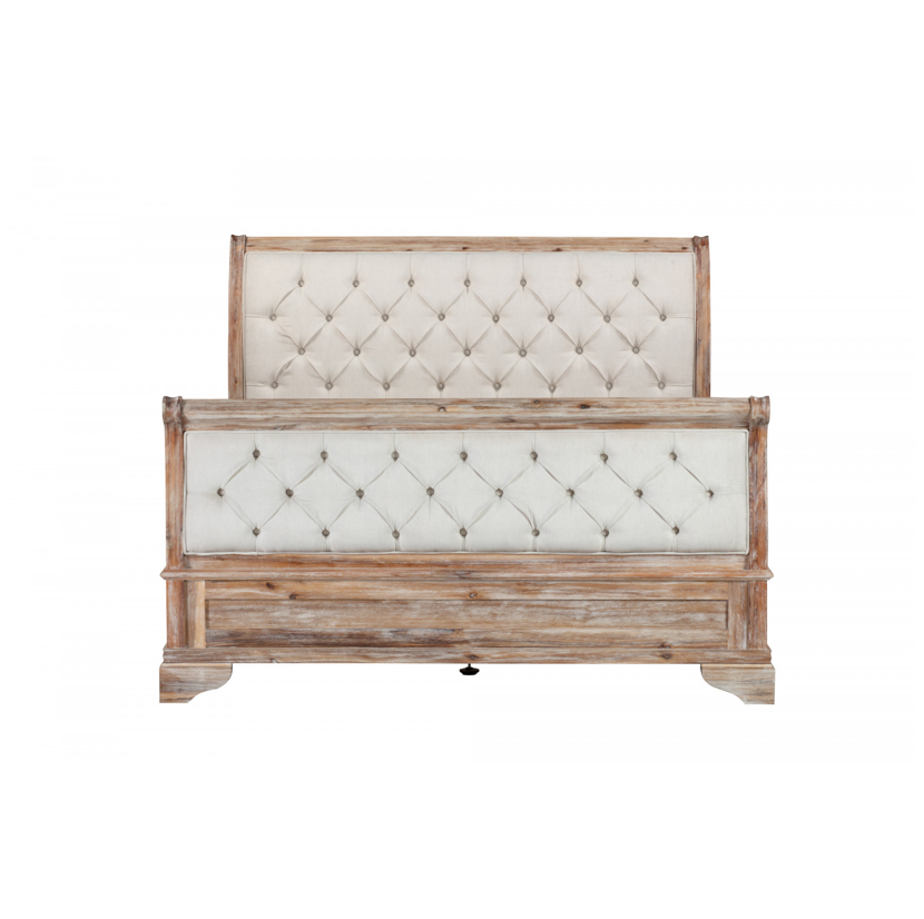 IBIZA Queen Sleigh Bed Tufted Upholstered Headboard Footboard Acacia Wood - A