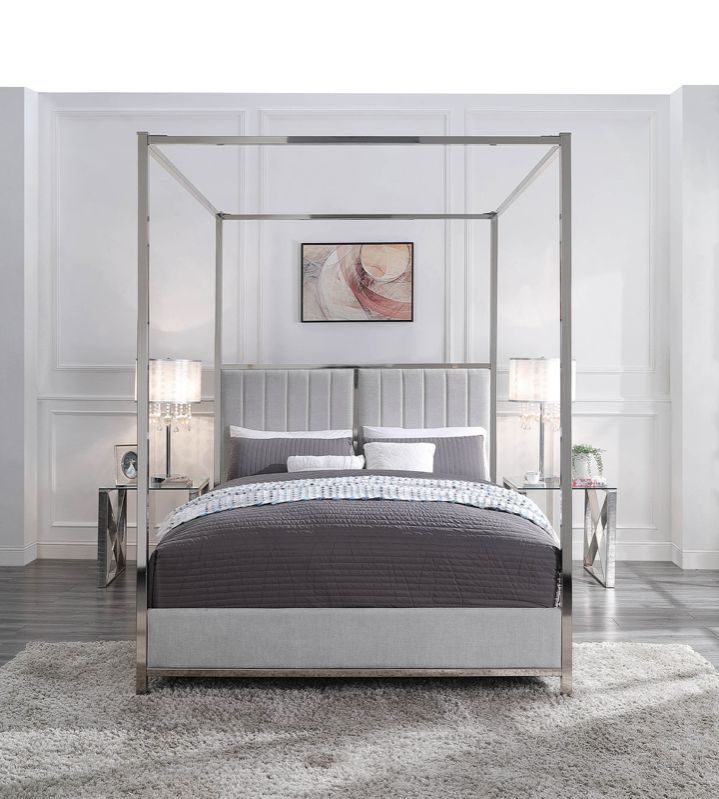 KINGSTON King 4 Poster Bed Chrome plated Metal Frame upholstered headboard