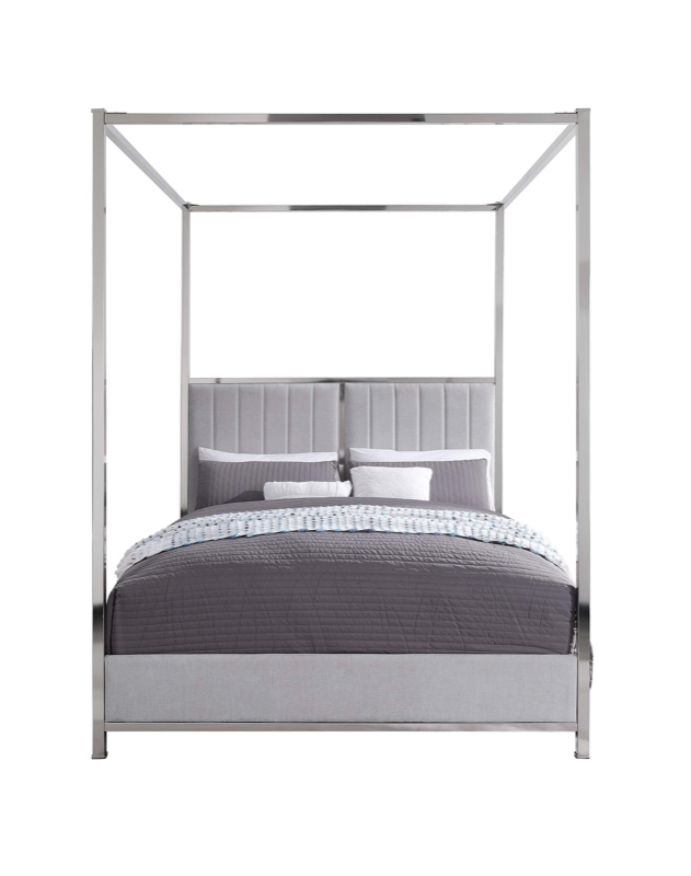 KINGSTON Queen 4 Poster Bed Chrome plated Metal Frame upholstered headboard