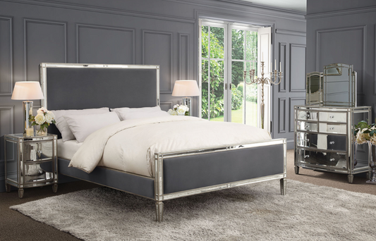 ROCHELLE King Bed Mirrored Panels and Storm Grey Fabric