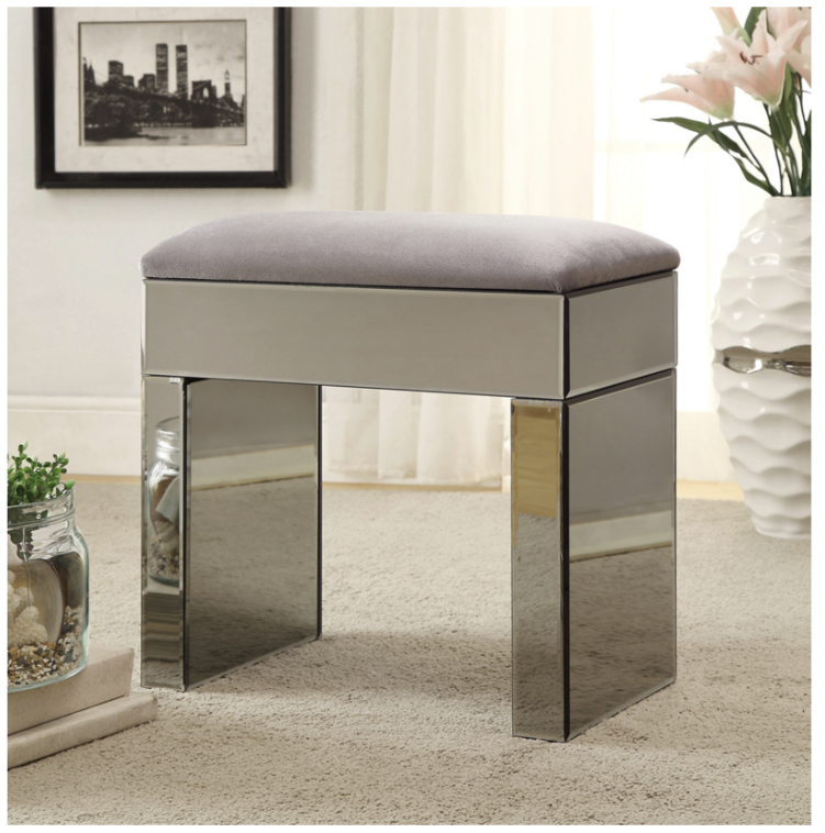 Smoke Mirrored Stool Grey/Silver Fabric Top