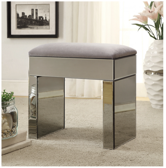 Smoke Mirrored Stool Grey/Silver Fabric Top