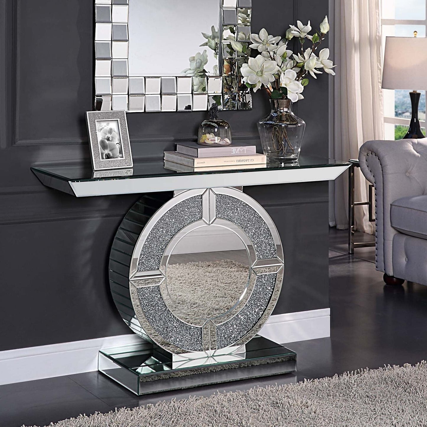 RITZY Console Table Silver Mirror & Clear Crushed Diamonds